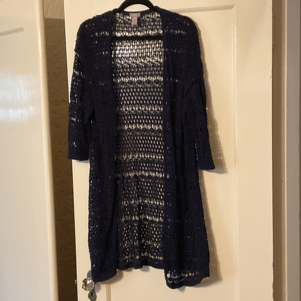 Women's Navy Crocheted Long Cardigan